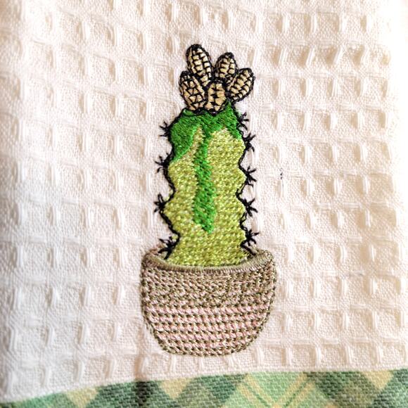 4 Cactus Kitchen Towels Lavien Embroidered Waffle Cotton Blend 16x24 Green Plaid - Picture 2 of 11